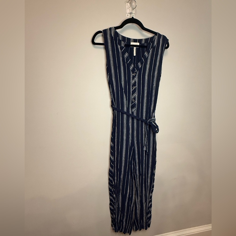 Striped Navy Button-Front Jumpsuit with Tie Belt